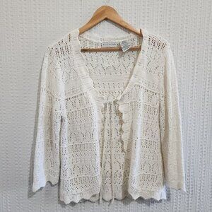 Vintage Y2K 90s Cream Whimsigoth Crochet Long Sleeve Cardigan Shirt Top X-Large